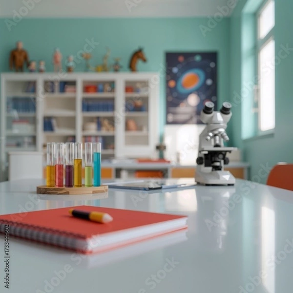 Obraz Science lab education background with test tubes and microscope