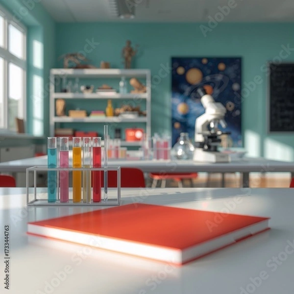 Obraz Science lab classroom setup with microscope and chemistry tools