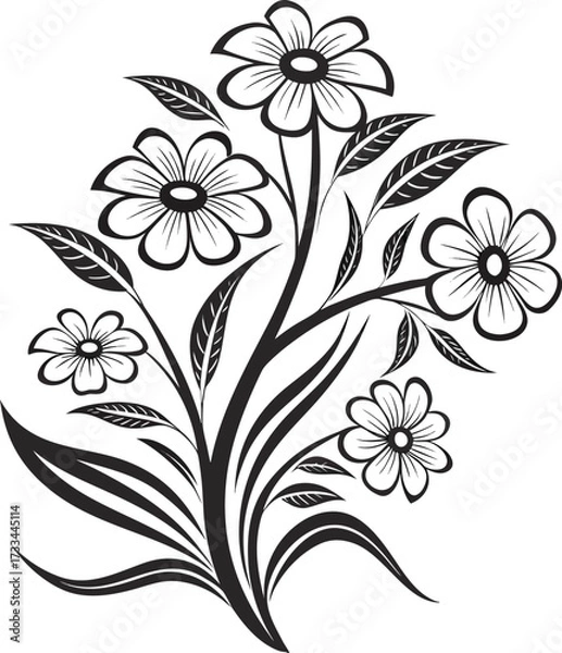 Fototapeta Floral Vector Art Bouquet Featuring Black and White Flowers, Leaves, and Ornamental Stems Creating an Elegant Design