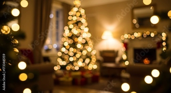 Fototapeta Cozy Christmas living room scene blurred with warm golden bokeh from tree lights and fireplace glow