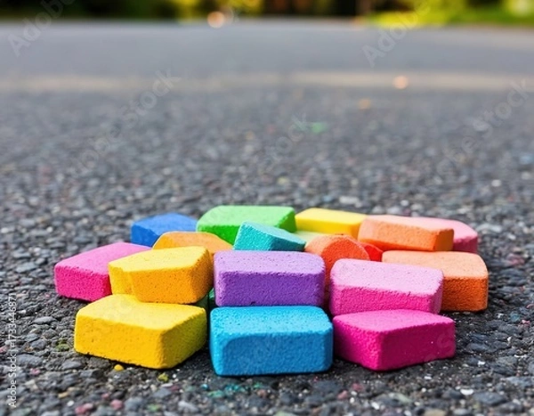 Fototapeta colorful pieces of chalk on the asphalt creativity.