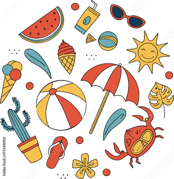 Fototapeta A Cheerful Celebration of Summer Joy A Whimsical Collection of Icons Representing Sunshine Beach Fun and Vacation Vibes