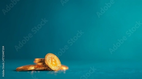 Fototapeta Digital Economy Examples in Modern Business, Stacks of cryptocurrency coins on a vibrant teal background.