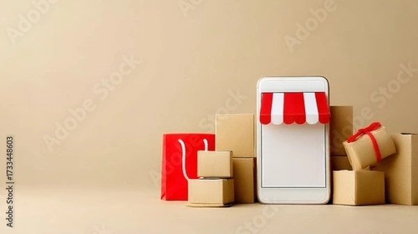 Fototapeta Digital Economy Examples in Modern Business, Online shopping concept with a smartphone and various wrapped gift boxes.