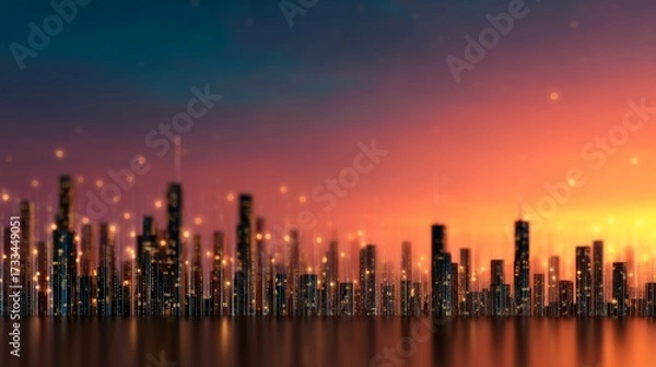 Fototapeta Digital Economy Examples in Modern Business, Vibrant city skyline illuminated against a colorful sunset backdrop.