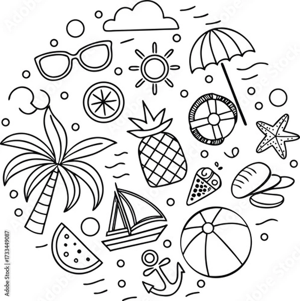 Fototapeta Circular Summer Beach Holiday Doodle Collection A Cheerful Medley of Vacation Essentials and Seaside Joys Outlined