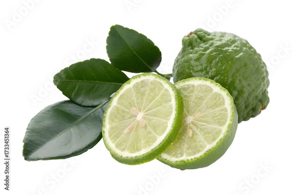 Fototapeta Fresh whole Kaffir lime fruit and two bright green slices sit with vibrant leaves, transparent png isolated.