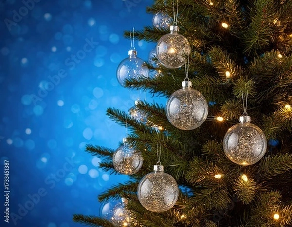 Fototapeta Christmas tree with transparent glass balls and lights on a blue background.