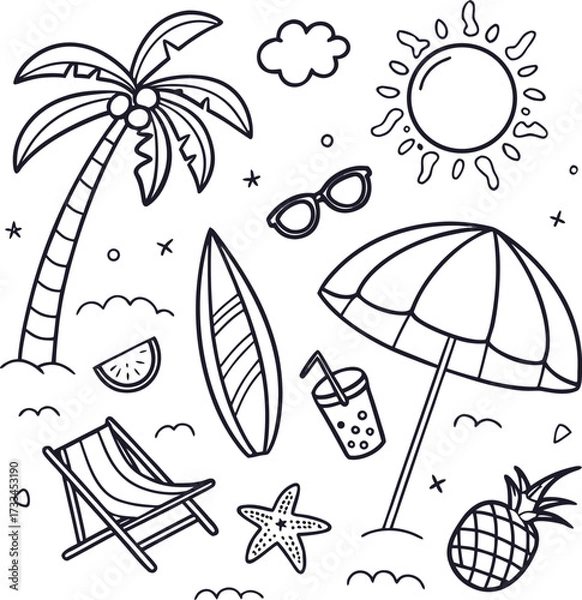 Fototapeta A Whimsical Beach Day Awaits Line Art Illustration Capturing Summer Essentials and Tropical Vibes for Coloring Fun and Creative Projects