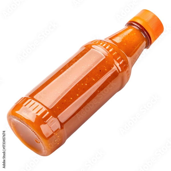 Fototapeta Plastic squeeze bottle with orange hot sauce, glossy finish, and clear nozzle