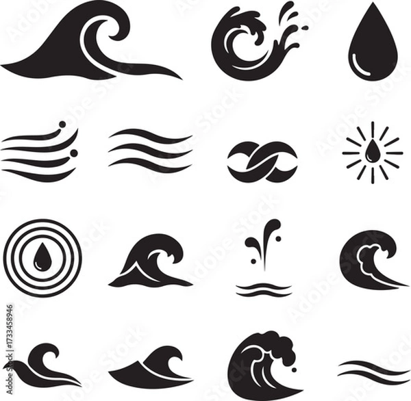 Fototapeta Wave Icon Set: A collection of black and white wave and water drop icons representing the movement and the power of water. capturing the dynamic of ocean 