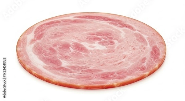Fototapeta A single slice of smoked ham with visible fat marbling.