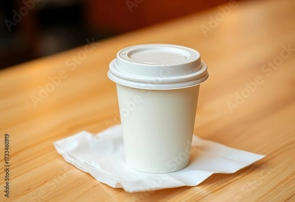 Obraz Disposable coffee cup with lid, sitting on a napkin,   close up,  napkin