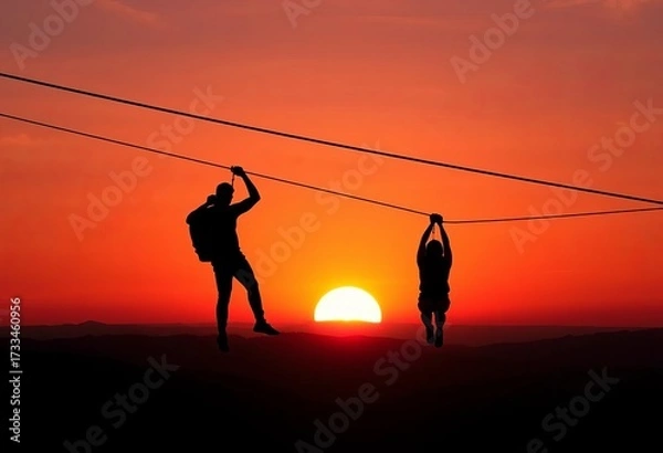 Obraz Elegant, dark zipline silhouettes against a vibrant sunset, minimal, harness