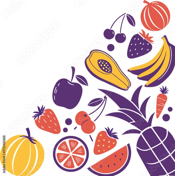 Fototapeta Vibrant Fruit and Vegetable Composition Whimsical and Colorful Design Featuring Pineapple Citrus Banana and Berries in a Modern Arrangement