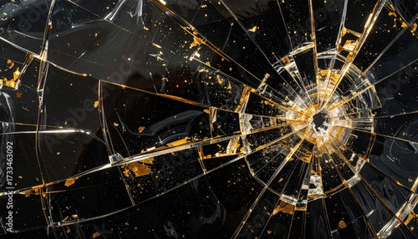 Fototapeta 銃弾で割れたガラスの模様、黒色の背景