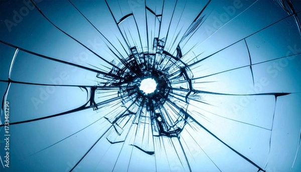 Fototapeta 銃弾で割れたガラスの模様、青色の背景