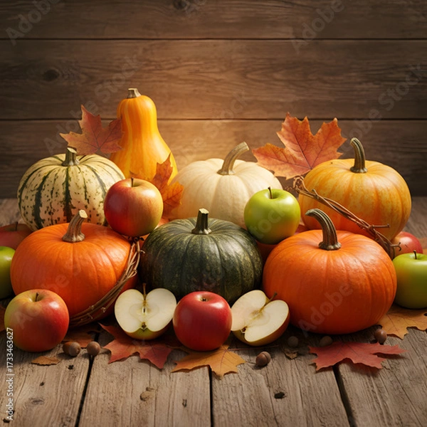 Fototapeta Fresh pumpkins and apples arranged with autumn leaves on wooden table  