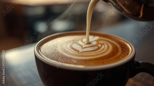 Fototapeta Cappuccino with intricate latte art and creamy foam, steaming into rich coffee, set in a warm, cozy cafe environment.