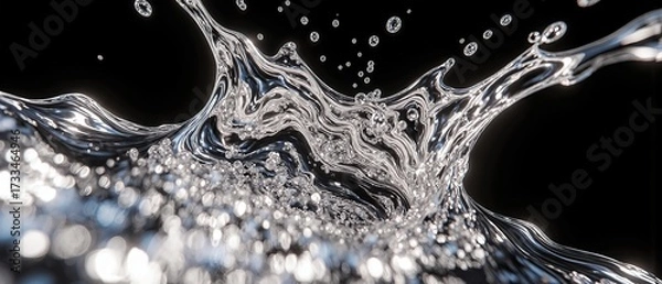 Fototapeta Abstract metallic liquid splash frozen in motion, with reflective surfaces and dynamic fluid shapes.