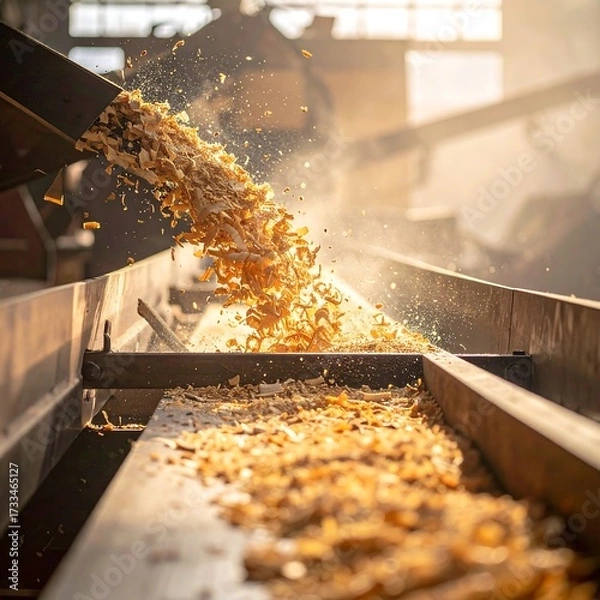 Obraz Wood chips flowing from a machine
