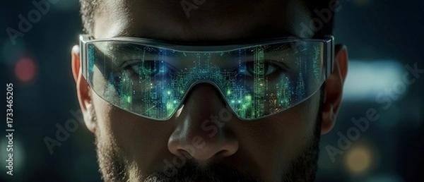 Fototapeta Futuristic augmented reality glasses on a man, showing holographic city information in vivid reflections.