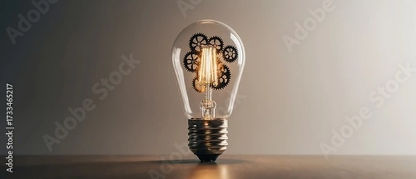 Fototapeta Glowing lightbulb with visible gears inside, symbolizing innovation, ideas, and creative engineering.