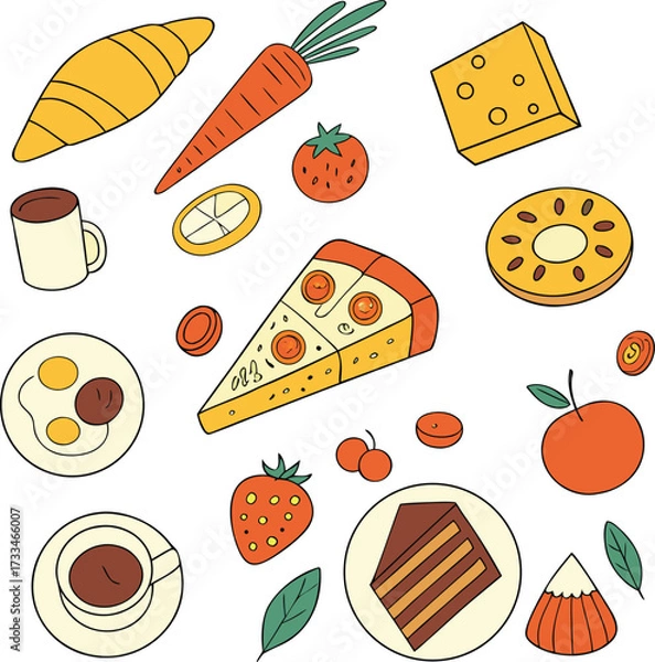 Fototapeta Cartoonish Food Items Displaying an Assortment of Colorful Breakfast Lunch and Dessert Options in a Playful Composition
