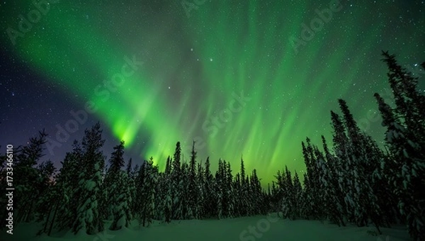 Fototapeta Vibrant green and blue aurora borealis dancing above snow-covered pine trees