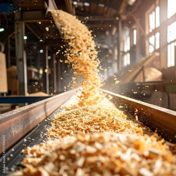 Obraz Wood chips on a conveyor belt