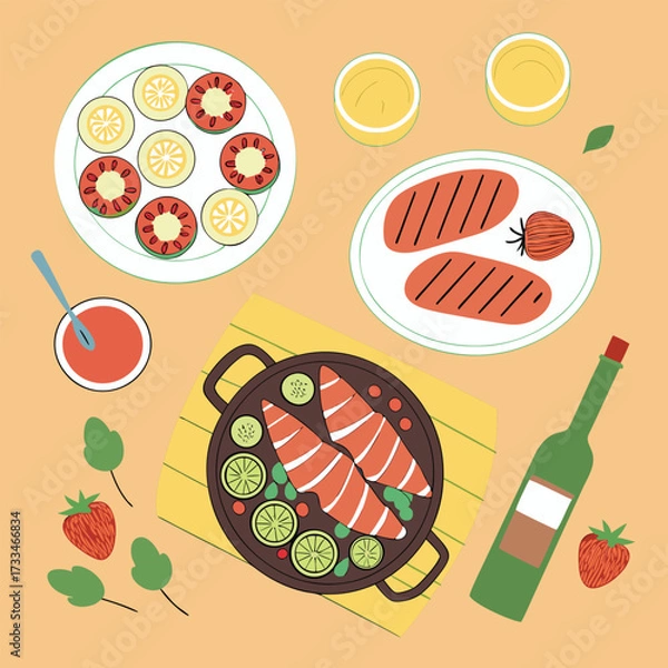 Fototapeta An Appealing Overhead Shot of Grilled Salmon and Meats Accompanying Fresh Salads Wine and Refreshing Drinks on a Table