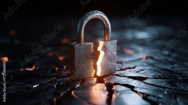 Fototapeta A cracked padlock emits a warm glow, symbolizing vulnerability and breaking barriers amid dark, textured surroundings.
