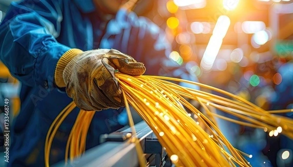 Fototapeta Electrical Wires Being Assembled with Gloves in a Factory Setting with Bright Lighting