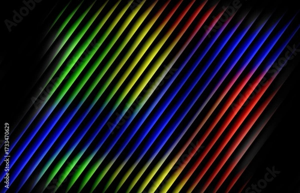 Obraz Blue, green, red, and yellow gradient with glowing diagonal stripe effect on a black background — futuristic neon abstract light waves with motion, rhythm, and layered energy.