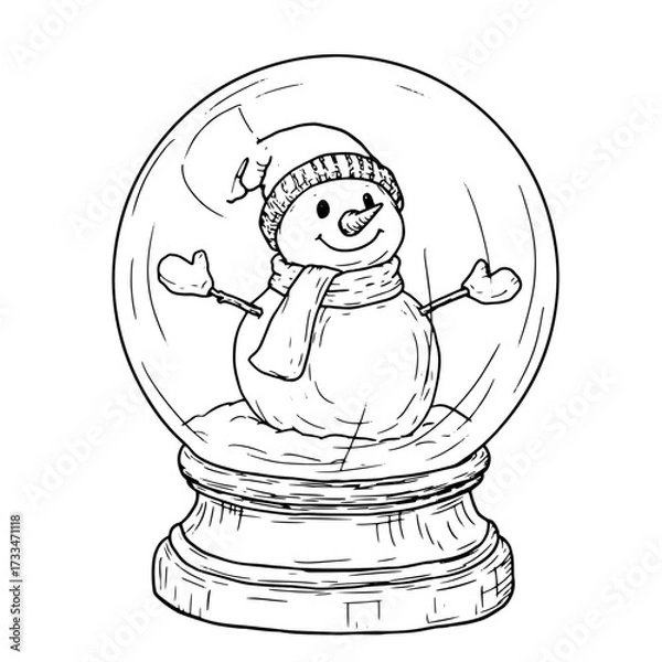 Obraz Glass ball on a stand, black and white sketch. Vector illustration. Christmas ball with snowman and snow, isolated on a white background. Concept for New Year's gifts, cards, invitations, and textiles