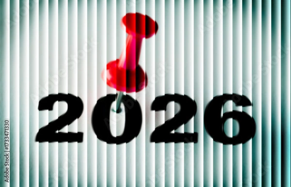Obraz Red pin marks year 2026 on glowing striped paper — bold minimal abstract calendar design with clean futuristic light waves and layered motion textures