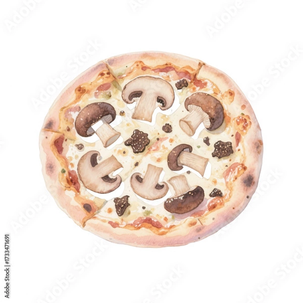 Fototapeta Watercolor Mushroom Pizza Illustration Isolated on White