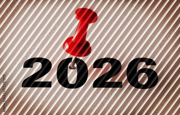 Obraz Red pin marks year 2026 on brown paper — minimal bold abstract calendar theme design with futuristic clean light waves and layered motion textures