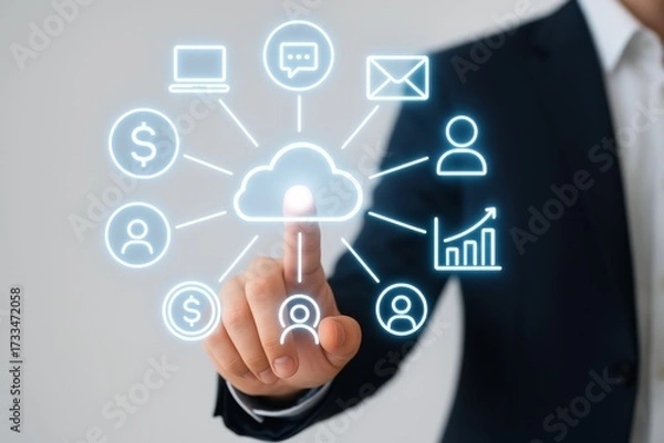 Fototapeta Businessman Touching Virtual Cloud Icons Representing Digital Communication and Data Connectivity