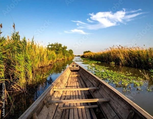 Obraz Wooden boat on a calm waterway