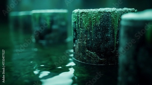 Fototapeta Green paint drips on rusty posts in murky water