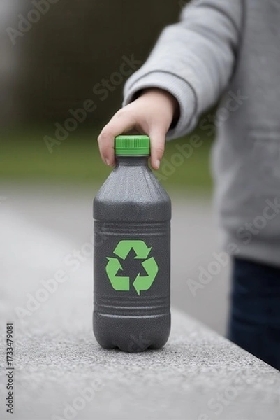Fototapeta Child in casual clothes holding a recycled bottle while enjoying time outdoors in a park setting. National Recycling Day and Week,  America Recycles Day
