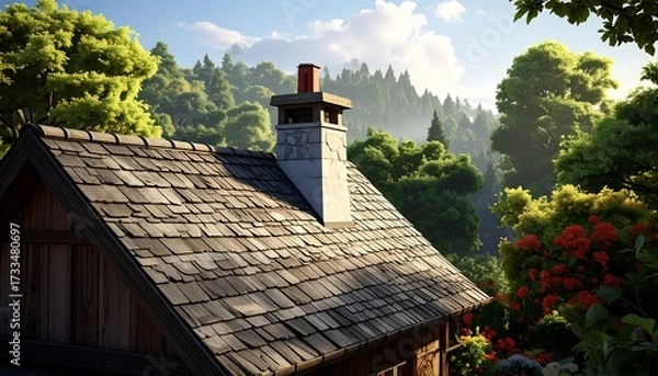 Obraz Wooden chalet roof in lush valley