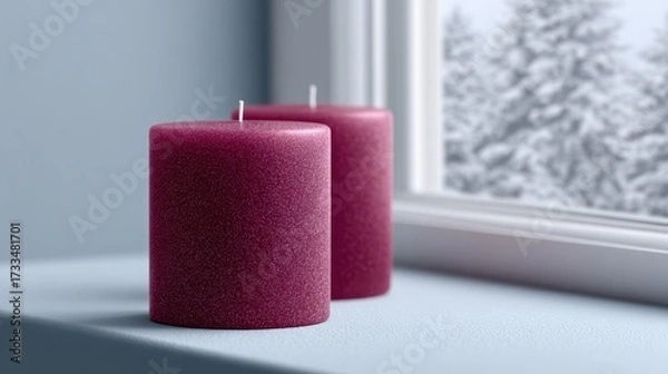 Fototapeta Warm winter vibes blend with mulled wine and flickering candlelight by a snowy window. Scented Candle Day