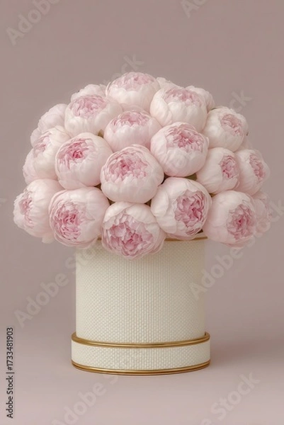 Fototapeta Beautiful romantic arrangement of pink peonies in an elegant white pot on a soft pastel background. Valentine's Day