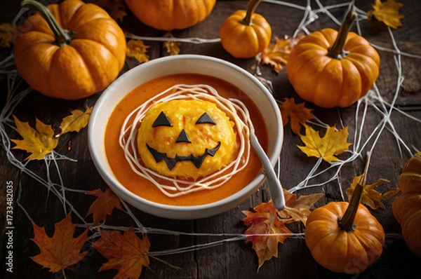 Obraz Halloween Pumpkin Soup with Jack-o'- Lantern Garnish food jack-o-lantern