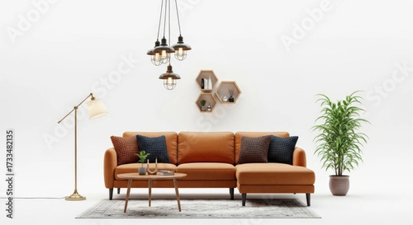 Fototapeta Stylish Living Room Setup with Brown Sofa and Modern Lighting A Contemporary Home Interior Featuring a Comfortable Seating Area and Decorative Elements