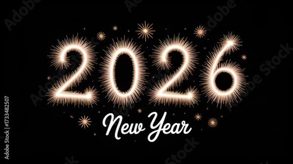 Fototapeta New Year Banner with 2026 Text on Black. Gold Sparkler Firework Caption