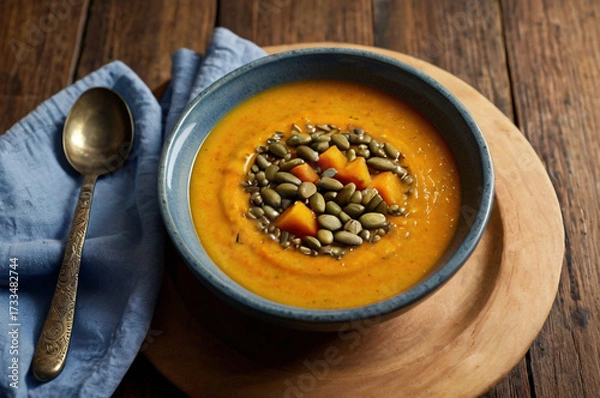 Obraz Hearty Pumpkin Soup Topped with Seeds and Diced Pumpkin on Wooden Table garnish