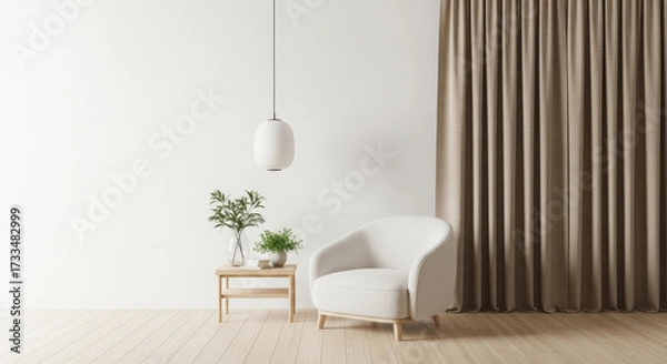 Fototapeta Serene Interior Design with a White Armchair, a Wooden Side Table Adorned with Greenery, a Stylish Pendant Lamp, and a Textured Curtain Against a Clean White Wall